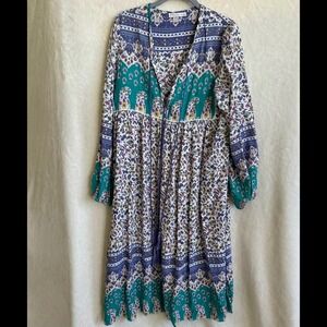 R. Vivimos White Purple Teal Paisley Tassel Tie Neck Nightgown Dress Size Large
